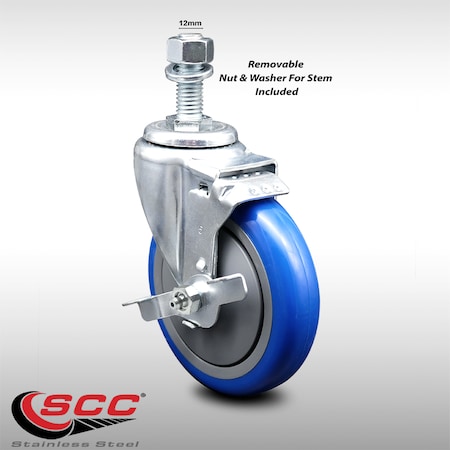Service Caster 5 Inch SS Blue Polyurethane Swivel 12mm Threaded Stem Caster with Brake SCC SCC-SSTS20S514-PPUB-BLUE-TLB-M1215